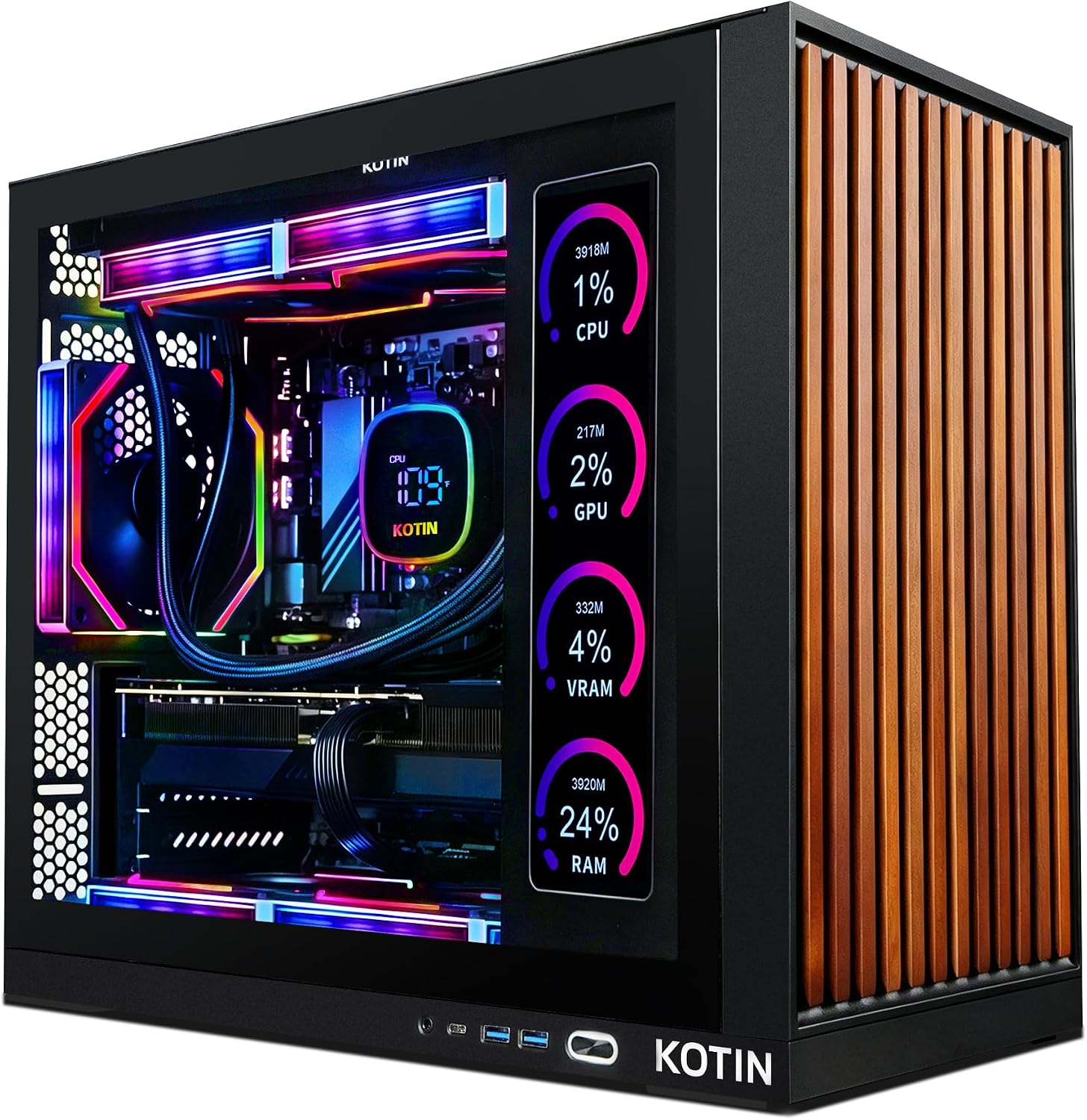Official Amazon listing image of the white KOTIN G60B gaming PC with internal display
